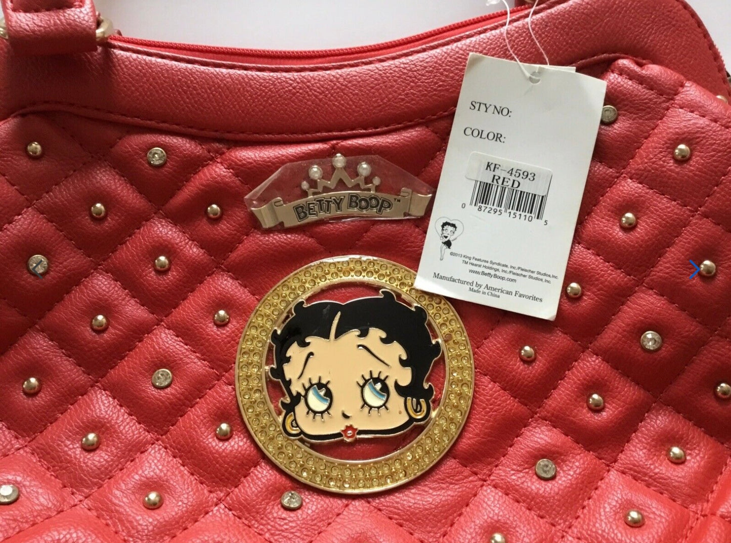 Betty Boop Classy Red Large Bag KF-4593RED with Gold beads and Emblem 39 x 29cms