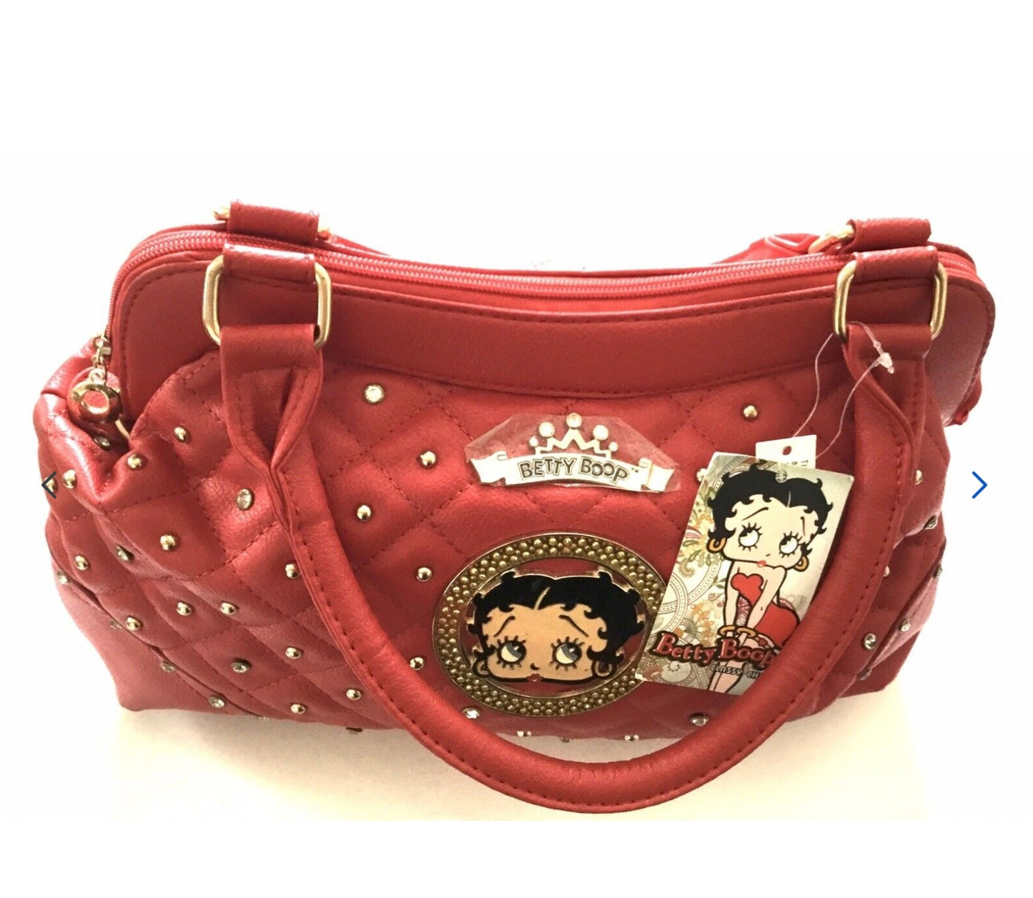 Betty Boop Classy Red Large Bag KF-4593RED with Gold beads and Emblem 39 x 29cms