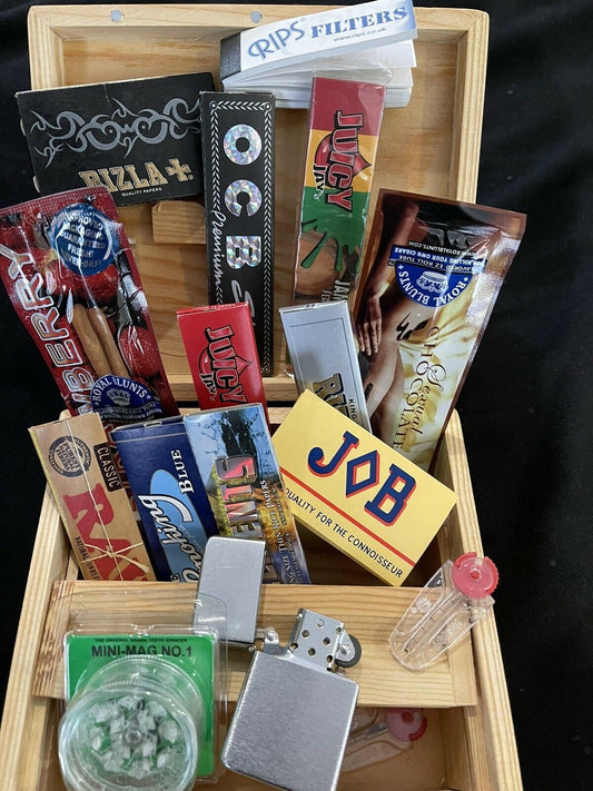 Large Wooden Rolling Box  RAW King Size Papers+ Crusher + Petrol Lighter & More