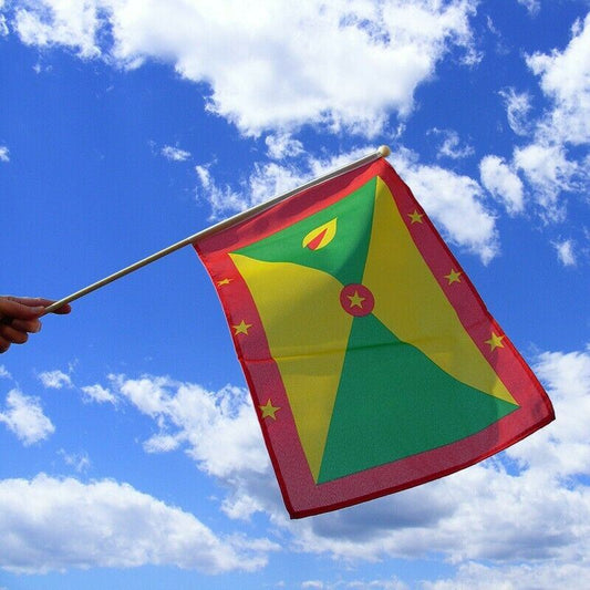 GRENADA 18" x 12" LARGE HAND WAVING COURTESY FLAG & 60cm POLE CARIBBEAN