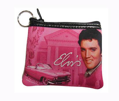 Elvis Key Chain Coin Purse Pink w/Guitars E8483